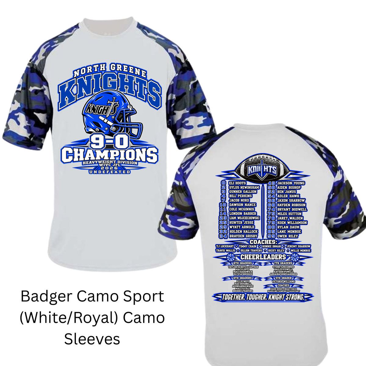 North Greene Knights JFL HeavyWeight Champions- White/Royal/Black Camo Sleeves